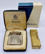 A Dunhill gold plated lighter along with a boxed Ronson lighter
