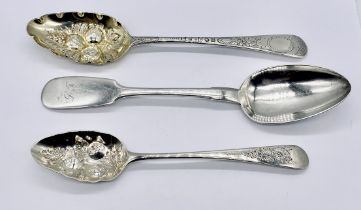 A Russian silver spoon along with two Georgian silver berry spoons, total weight 150.5g