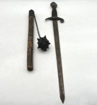 A vintage repro wooden handled mace along with a vintage repro sword (74 cm) A/F.