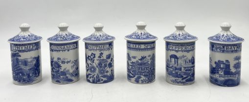 Six blue and white Spode Blue Room spice jars