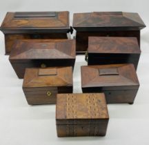 A collection of antique tea caddies, one marked Mardan & Co (London) - most A/F