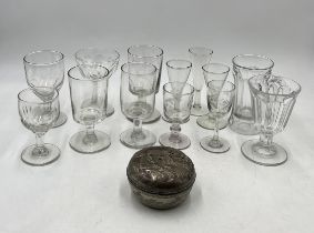 A collection of Georgian and later glasses along with a lidded Japanese pot