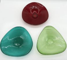 Three art glass bowls of triangular form, possibly Whitefriars