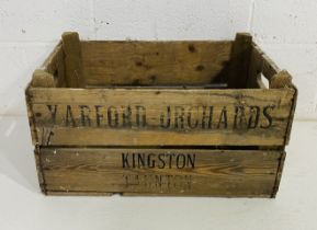 A vintage wooden apple crate, marked Yarford Orchards, Kingston St Mary, Taunton (local