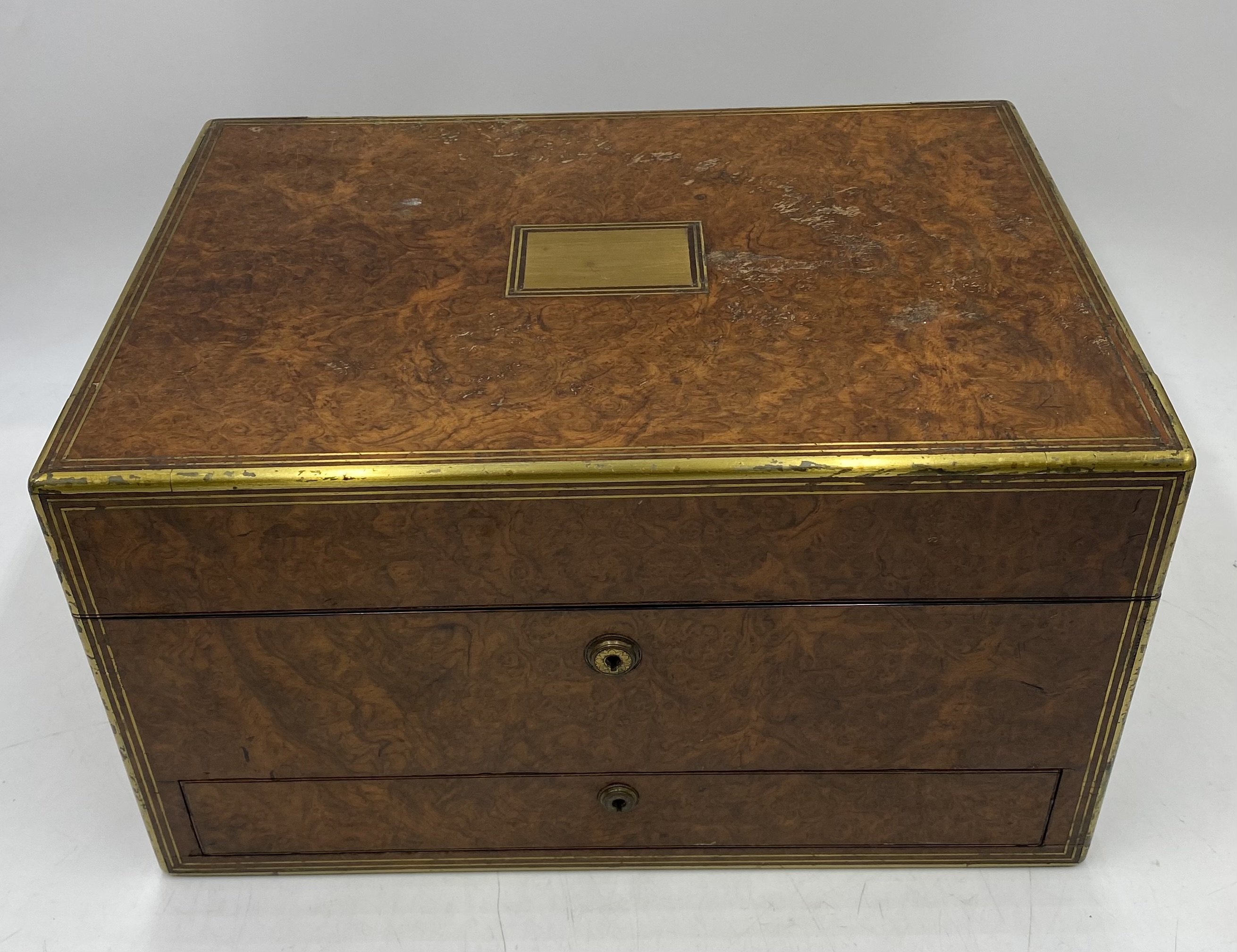 A brass bound burr walnut silver fitted dressing box with an arrangement of silver lidded bottles ( - Image 3 of 13