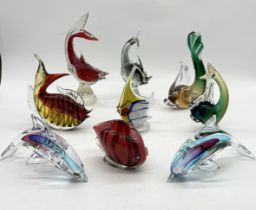 A collection of art glass fish, dolphins etc including Murano