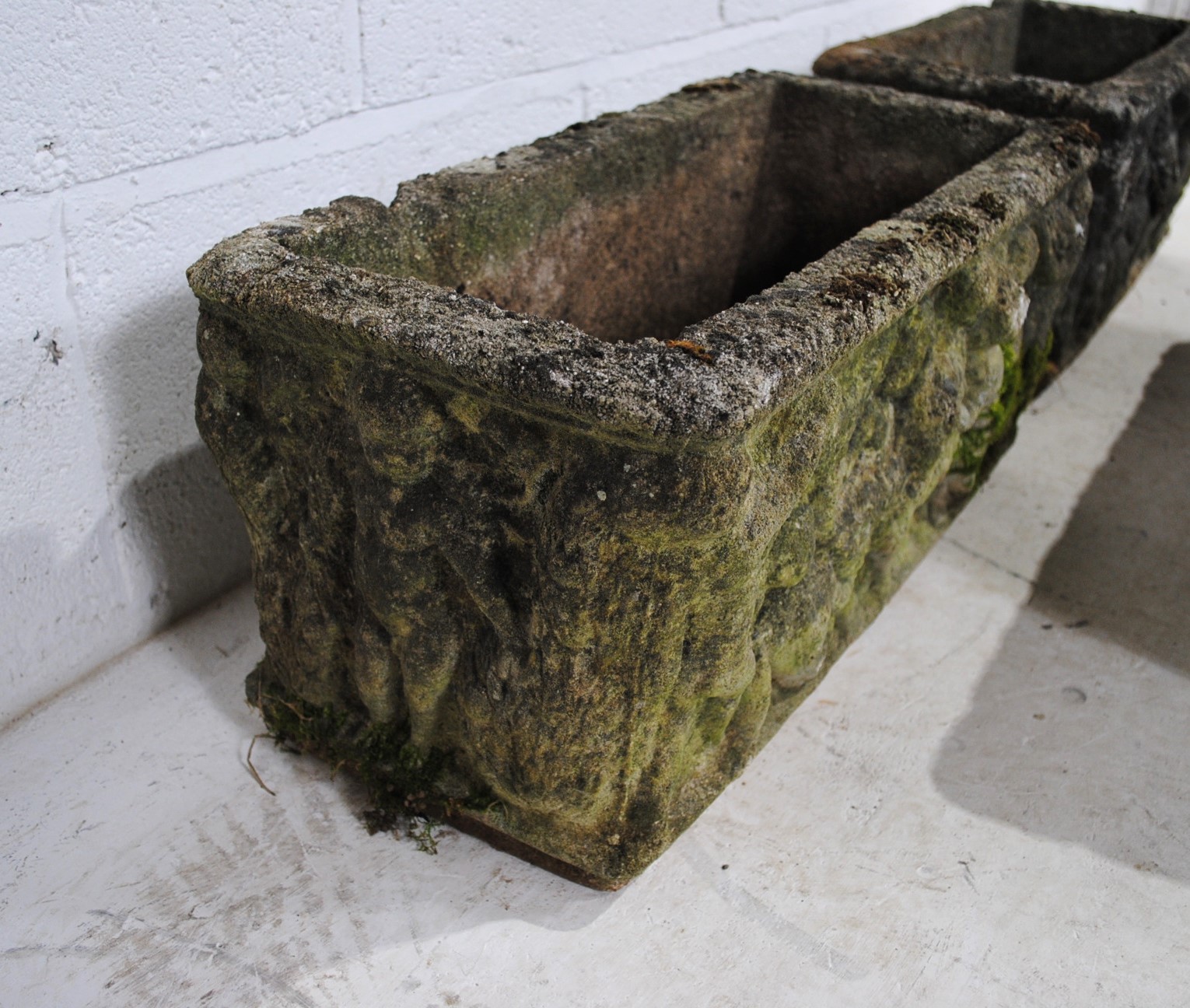 A pair of weathered reconstituted stone garden troughs (length 55cm), along with one other (71cm) - Image 6 of 6
