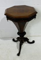 A Victorian rosewood sewing box on tripod base