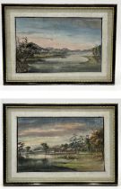 Two framed Eastern paintings on fabric (possibly Cambodian?) showing river scenes