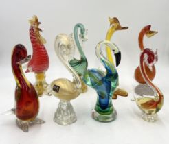 A collection of eight art glass birds including Murano swan, duck, cockerel etc.