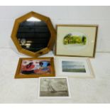 A collection of four various pictures, along with a wooden framed mirror