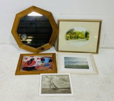 A collection of four various pictures, along with a wooden framed mirror