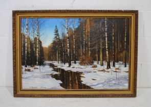 A gilt framed oil on canvas of a winter landscape, signed 'A Bulakov?, 1990' - 101.5cm x 71.5cm