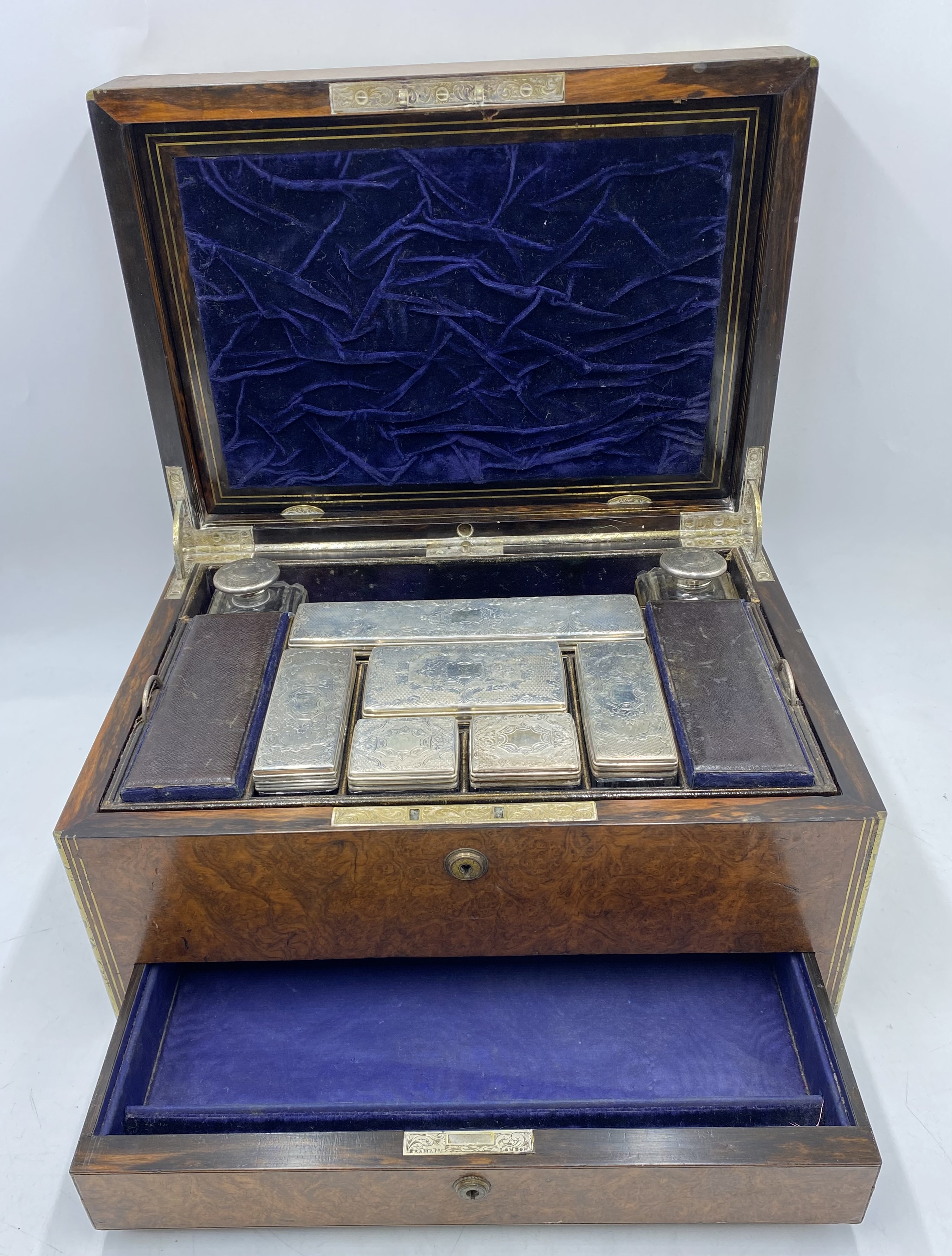 A brass bound burr walnut silver fitted dressing box with an arrangement of silver lidded bottles ( - Image 4 of 13