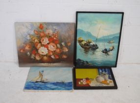 Four oil paintings including Chinese junks, still life etc.