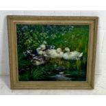 A framed oil on canvas painting of nesting ducks. Overall size 73cm x 63cm