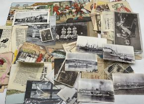 A large collection of vintage ephemera including photos, a Daily Express War Map, cards,