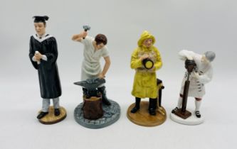 A collection of four Royal Doulton figurines including Lifeboat Man, Blacksmith, Prestige Graduation