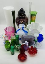 A collection of various art glass including vases, lidded urn, bowls etc