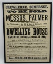 An antique local framed "To be sold by Auction" poster for Crewkerne, Somerset by Messrs. Palmer,