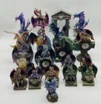 A collection of mythical dragon figurines including clocks