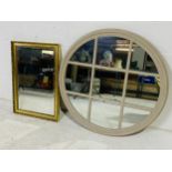 A gilt framed mirror (overall size 75cm x 51cm), along with a modern vintage style taupe round