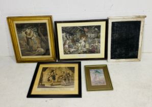 A collection of four framed prints, including a hand-coloured engraving after William Hogarth