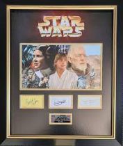 CARRIE FISHER MARK HAMILL ALEC GUINNESS STAR WARS Signed Montage AFTAL