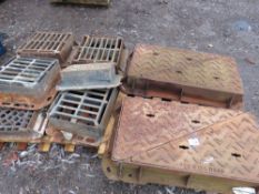 2 X PALLETS OF ASSORTED SIZED CAST IRON MANHOLE COVERS WITH SURROUNDS. THIS LOT IS SOLD UNDER THE