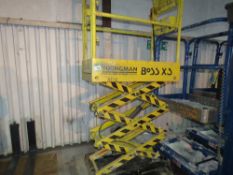 BOSS X3 BATTERY POWERED SCISSOR LIFT. WHEN TESTED WAS SEEN TO LIFT AND LOWER. NEW BATTERY FITTED MAY