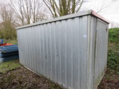 LIGHTWEIGHT METAL STORAGE CONTAINER SHED WITH KEY 13FT LENGTH APPROX.