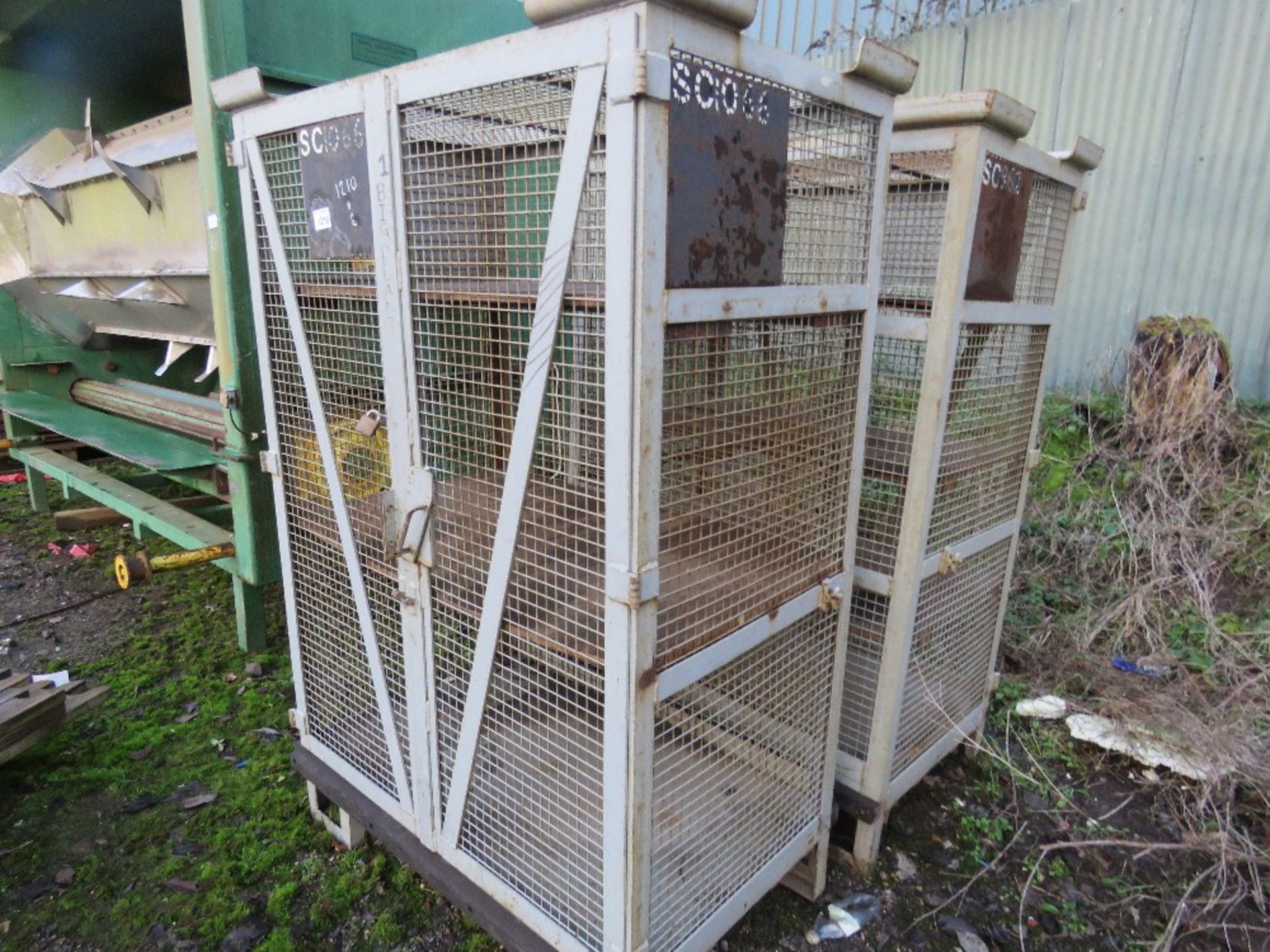 2 X HEAVY DUTY MESH COVERED LOCKABLE STORAGE CAGES.