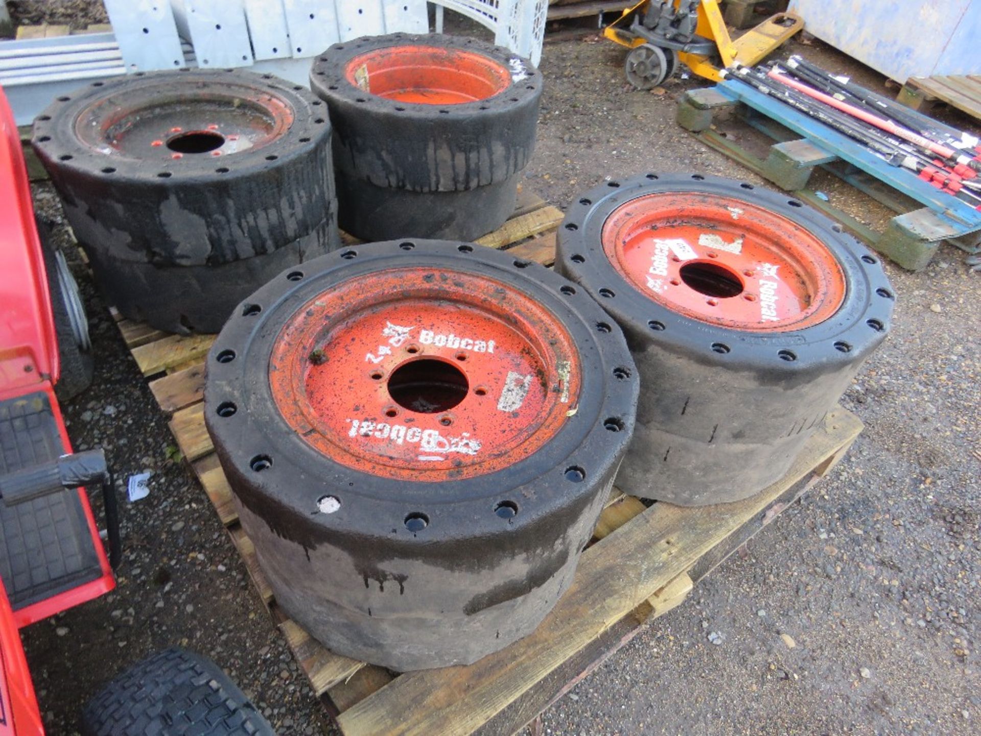 2 X SETS OF 4NO BOBCAT SKID STEER WHEELS AND TYRES, SOLID/AIR CUSHION. - Image 2 of 4
