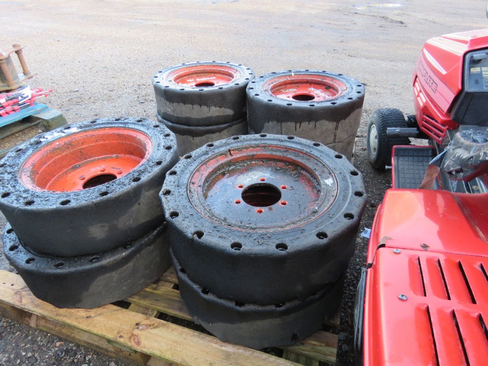 2 X SETS OF 4NO BOBCAT SKID STEER WHEELS AND TYRES, SOLID/AIR CUSHION. - Image 3 of 4