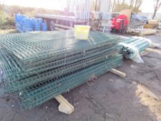 STACK OF APPROXIMATELY 45NO ANTI CLIMB GREEN SECURUTY MESH FENCE PANELS PLUS POSTS AND CLIPS AS SHOW