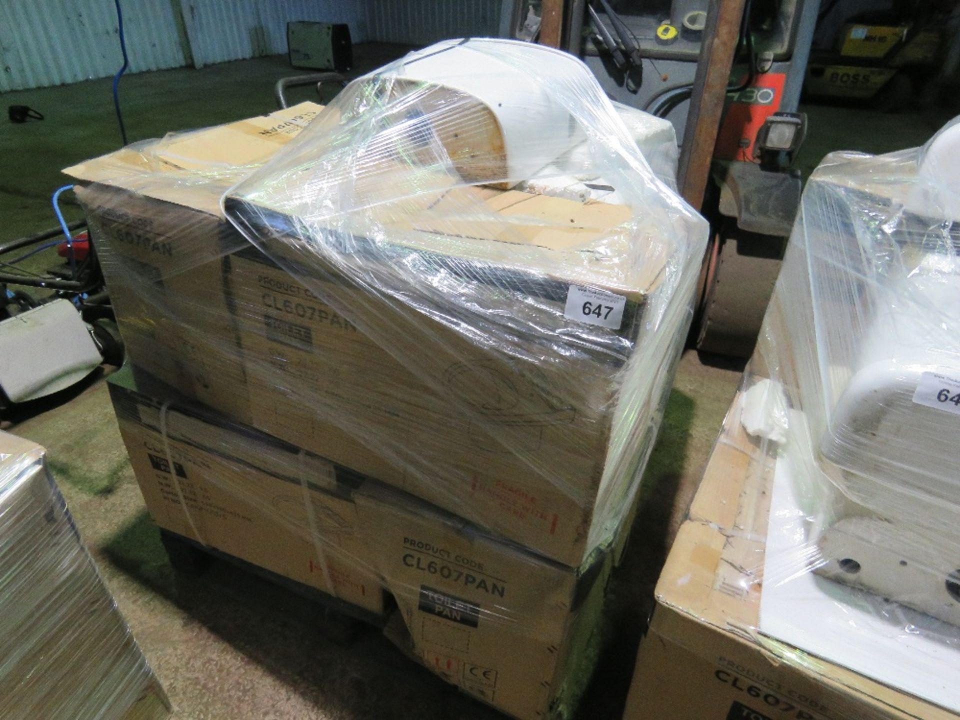 PALLET CONTAINING 7 X TOILET PANS WITH CISTERNS. SURPLUS TO DEVELOPMENT PROJECT.