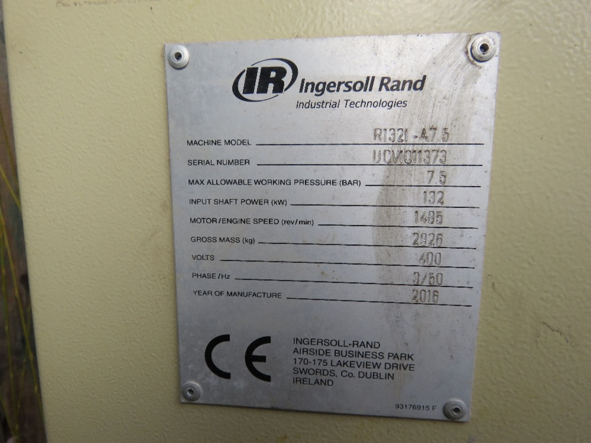 INGERSOLL RAND R132I LARGE CAPACITY COMPRESSOR, YEAR 2016 BUILD, 7.5BAR RATED. WORKING WHEN REMOVED. - Image 3 of 17