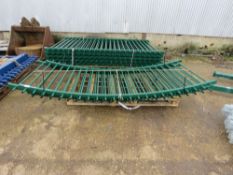 3 X CURVED GREEN METAL RAILINGS 1.45M HEIGHT X 2.9M WIDTH APPROX.