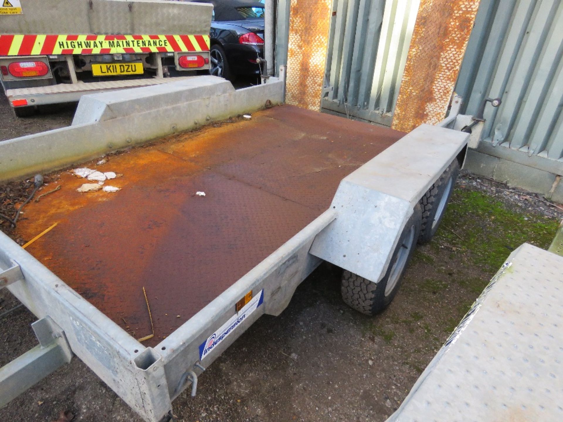 INDESPENSION HEAVY DUTY TWIN AXLED PLANT TRAILER, 1.7M X 3M BED SIZE APPROX. CHEQUER PLATE STEEL FLO - Image 7 of 7