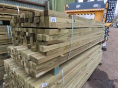 LARGE BUNDLE OF TREATED TIMBER POSTS, 2.4-2.7M LENGTH APPROX, 55MM X 45MM APPROX: 190NO IN TOTAL.