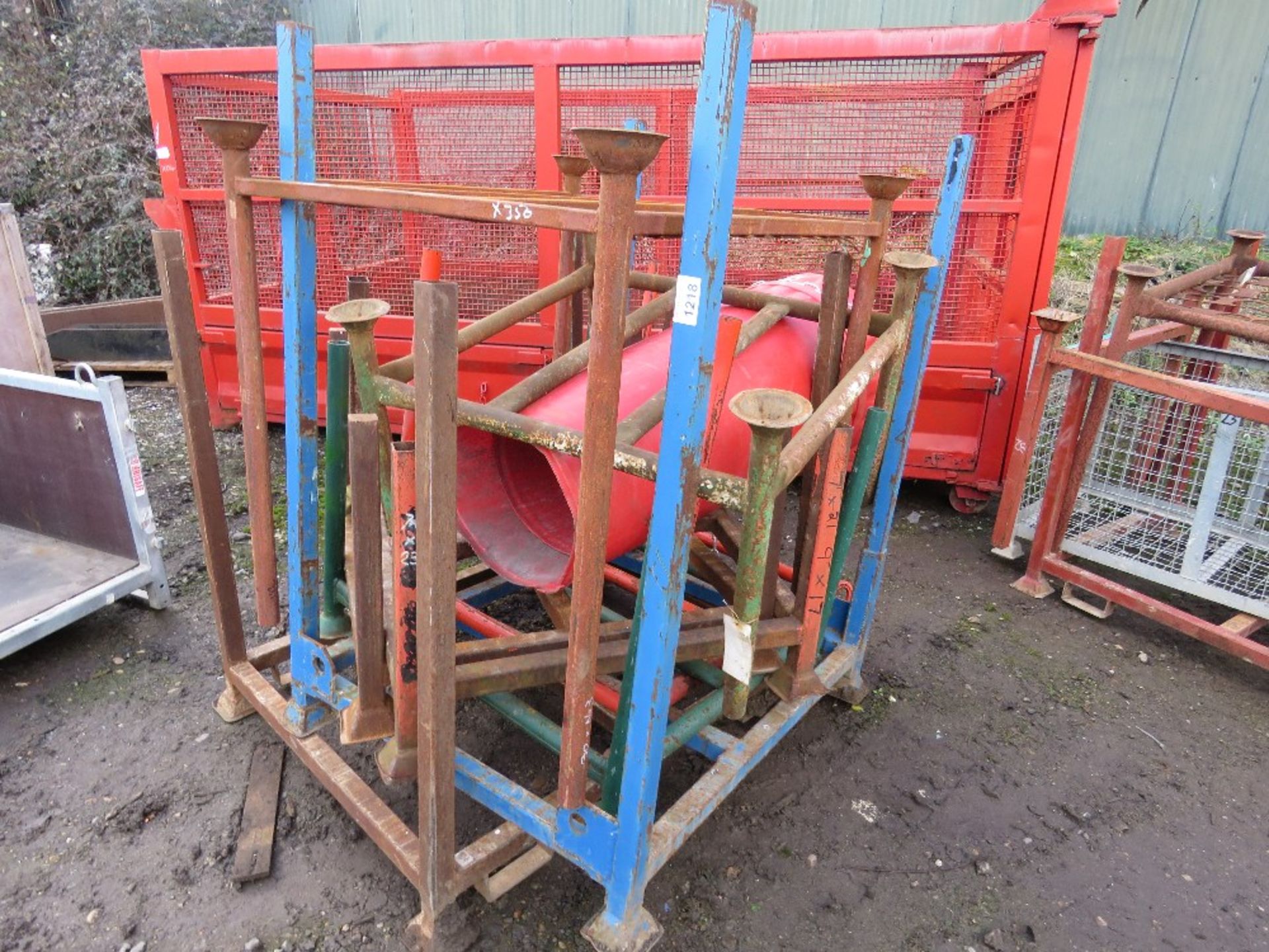 8 X METAL STILLAGE FRAMES PLUS 2 X RUBBISH CHUTE SECTIONS. THIS LOT IS SOLD UNDER THE AUCTIONEERS