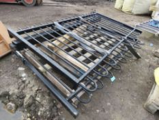 2 X BLACK HOOP TOPPED METAL GATES 2.2M WIDE EACH X 1.45M HEIGHT APPROX PLUS ONE POST.