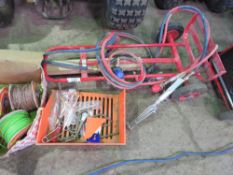 GAS WELDING BOTTLE TROLLEY WITH HOSES, GUNS AND TIPS PLUS A BOX OF ASSORTED ELECTRICAL WIRES.