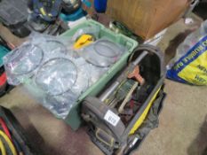 TRAY OF IRON MONGERY, BOX OF FRET SAW BLADES, AND STANLEY TOOL BAG WITH ASSORTED CONSTRUCTION ITEMS