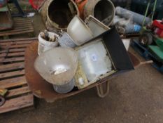 OLD WHEELBARROW CONTAINING TOOLS & INDUSTRIAL LIGHTS. THIS LOT IS SOLD UNDER THE AUCTIONEERS MARG