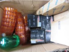 BOX OF WARNING BEACONS AND TOPS PLUS A LORRY LIGHT LENSE. THIS LOT IS SOLD UNDER THE AUCTIONEERS