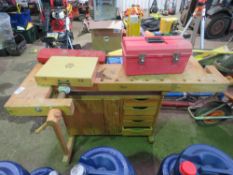 WOOD WORK BENCH WITH A SELECTION OF ASSORTED TOOLS AS SHOWN. DIRECT FROM RETIRING BUILDER.