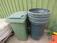 3 X ROUND PLASTIC BINS PLUS A WHEELIE BIN.