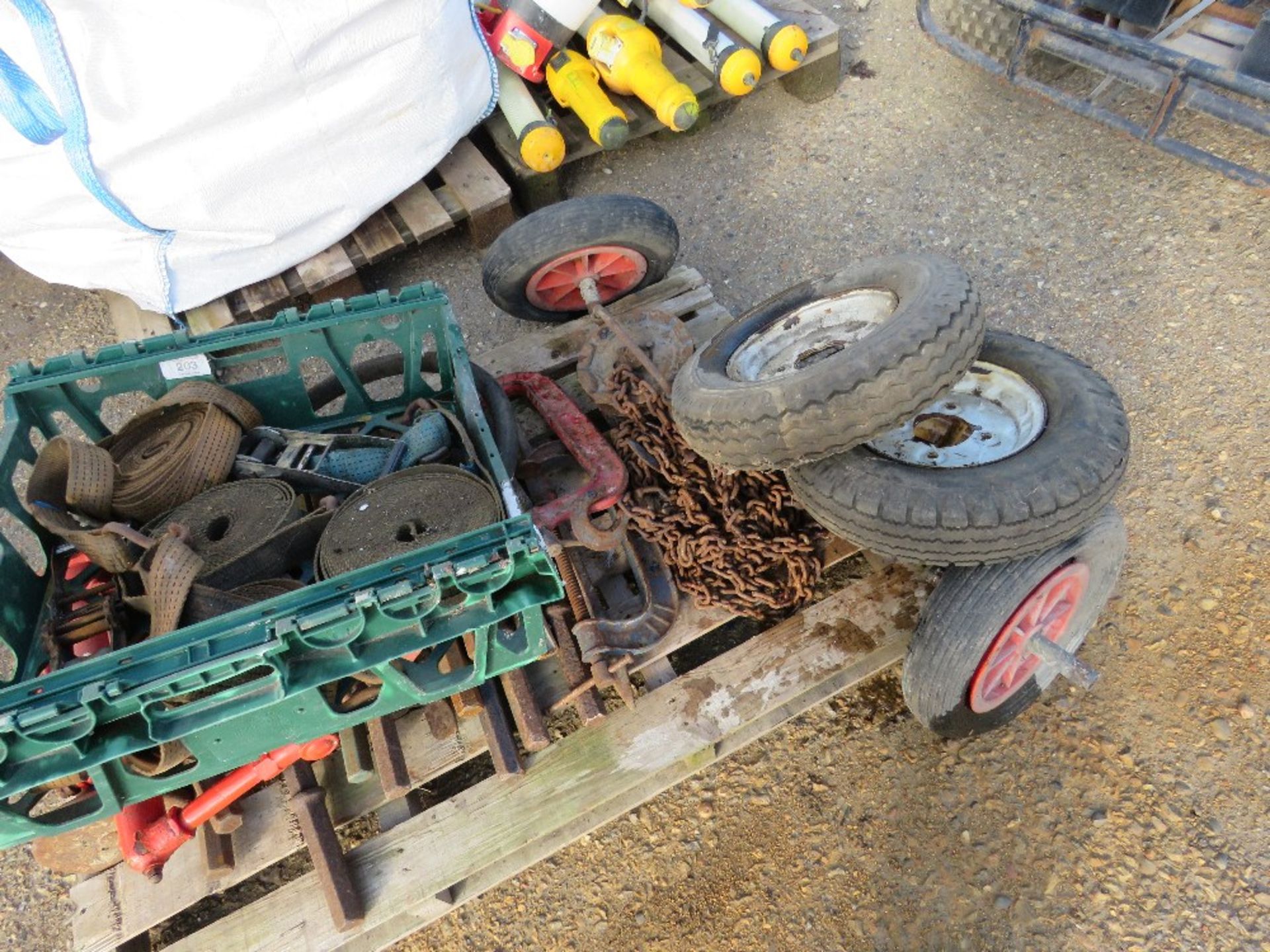 PALLET CONTAINING OLD OIL PUMP, BREAKER POINTS, CHAIN HOIST, WHEELS, STRAPS ETC. THIS LOT IS SOLD - Image 4 of 5