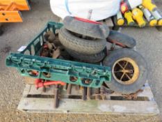 PALLET CONTAINING OLD OIL PUMP, BREAKER POINTS, CHAIN HOIST, WHEELS, STRAPS ETC. THIS LOT IS SOLD